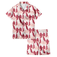 Girls Outfits Set Short Sleeve Bow Print Soft Comfortable Home Clothes Two Piece Button Down Lapel Shirts Shorts Summer Kids 3-13Y Stylish Outfit