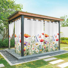 Cortinas externas impermeáveis estilo fazenda, com estampa floral vermelha de flores silvestres e ilhós, ideais para pátio, varanda, gazebo e