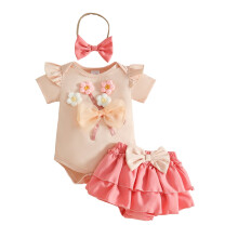 Spädbarnskläder för flickor, kortärmad blommig body, rosett, flera nivåer, kjolar med pannband, bekväm outfit i 3 delar