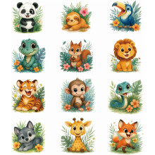 12PCS Cute Floral Animals Iron On Transfer Patches Cartoon Animals Heat Transfer Stickers DIY Iron On Decals Washable Heat Transfers Paper