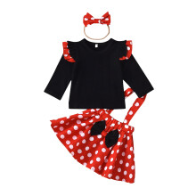 Conjunto de tres piezas para niñas pequeñas: top de manga larga con estampado de lunares, volantes, tirantes, falda y diadema. Estilo bohemio para
