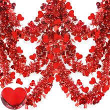 49.2ft 6-String Valentine Heart Tinsel Garland – Red Metallic Twist, 8.2ft x 4.3in, Indoor/Outdoor Wedding & Tree Decor