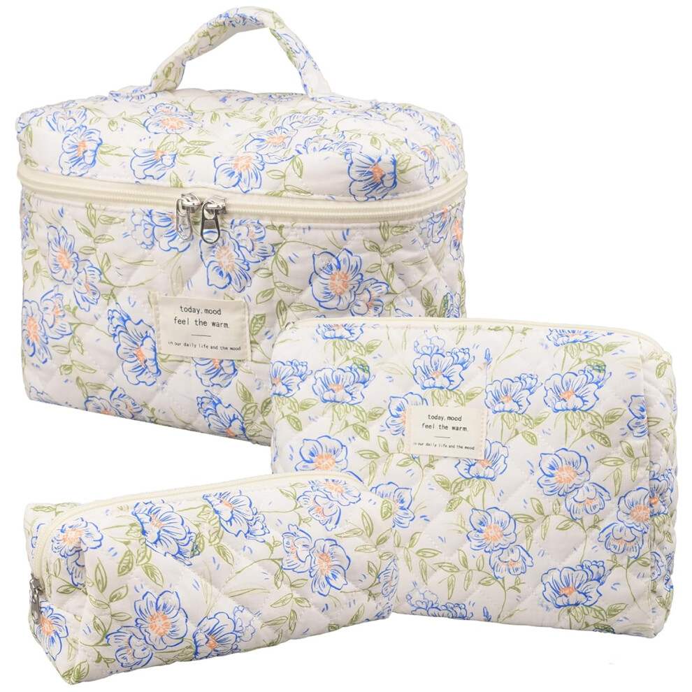 Makeup Bag,Quilted Cosmetic Bag,Large Floral Make Up Bag for Women,Cotton Makeup Bag Set,Flower Travel Toiletry Bag