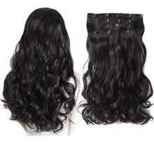 Natural Black Wave Clip-In Hair Extensions, 18", 5PCS Synthetic Curly Thick Pieces for Women & Girls – Compatible with Halloween Costumes