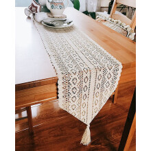 Chemin de table en dentelle crochetée en coton tissé avec pompons, style champêtre, 30 x 180 cm – Convient aux tables de salle à manger et aux