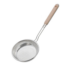 Stainless Steel Micro-Perforated Skimmer Strainer,Pasta Noodle Net Basket with Wooden Handle