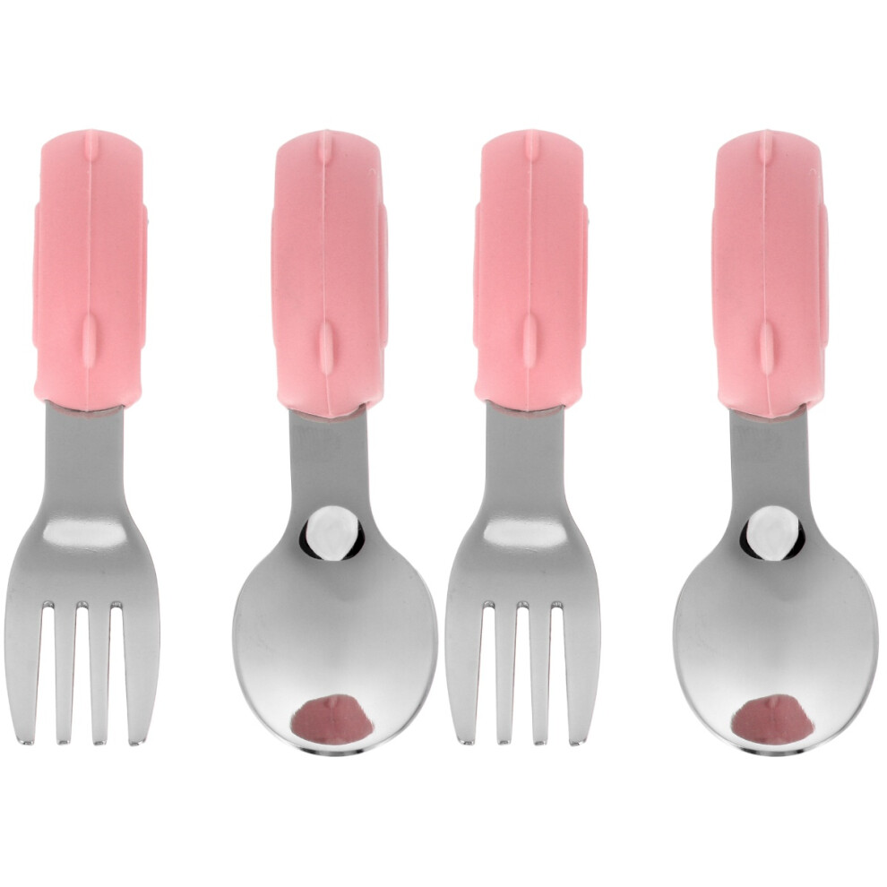 2Sets Baby Feeding Spoons Forks Silicone Metal Learning Tableware Pink Villcase