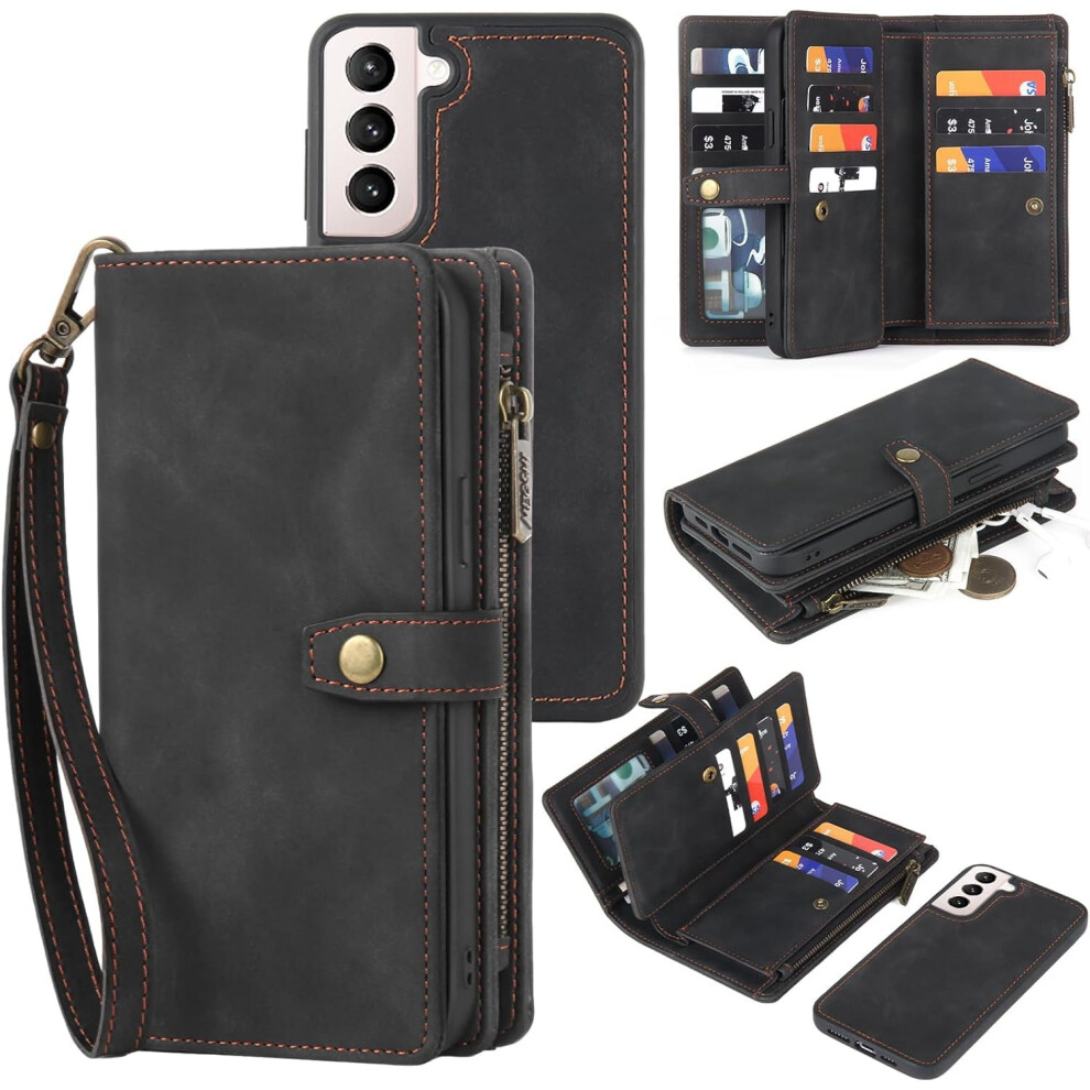 Compatible With Samsung Galaxy S21 5G Wallet Case Â Pu Leather Magnetic Flip With Card Holder, Wrist Strap & Zipper, 6.2" Black 9402001263544