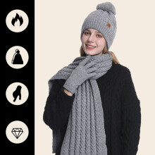 Set de iarnă tricotat pentru femei cu pompon, căciulă cu manșetă și căptușeală din fleece, eșarfă și mănuși termice, set de accesorii