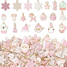 40 stuks/20 paar roze emaille kerstbedeltjes voor het maken van sieraden – armbanden, kettingen, oorbellen – geschikt voor kerstknutselwerkjes