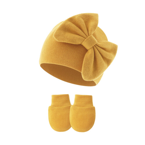 Conjunto de gorro e luvas para recém-nascida, com laço de algodão, ideal para prematuros.