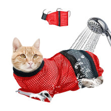 Breathable Mesh Anti Scratch Adjustable Cat Grooming Bag for Nail Trimming, Bathing - Polyester Soft Cat Washing Bag(18Inch,Red)