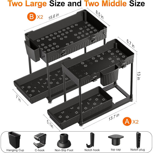 4-Pack Black 2-Tier Under Sink Organizer – Pull-Out Cabinet Storage with Hooks & Cups