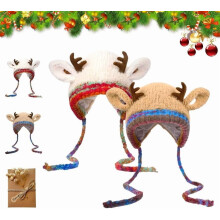 Deer Storage Hat - Festive Christmas Antler Hat & Handbag 2-in-1, Windproof Foldable Knitted Reindeer Beanie Cap Gift