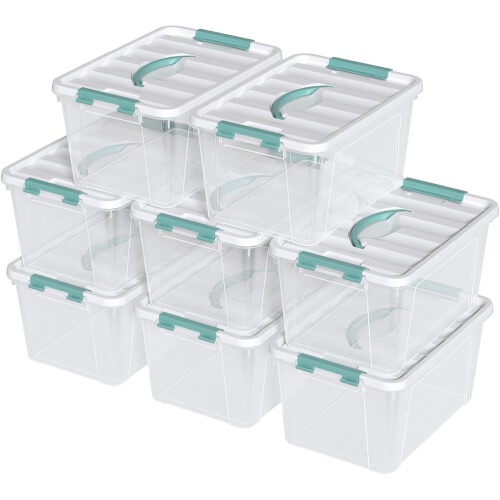 14 Quart Stackable Storage Bin with Latching Lid, Plastic Container Box to Organize Office, Crafts, Clear Base and White Lid, 8-Pack