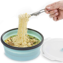 Casewin Collapsible Silicone Camping Bowl with Lid (1200ml) + Foldable Stainless Fork – Microwave & Fridge Safe, Compatible with Outdoor Travel
