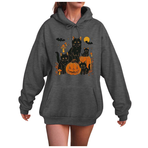 Γυναικεία oversized φούτερ με κουκούλα για το Halloween με στρογγυλή λαιμόκοψη και μακριά