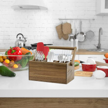 Porte-couverts en bois d'acacia avec poignée – Organisateur d'ustensiles multifonctionnel pour la cuisine, le bureau, la salle de bain et la
