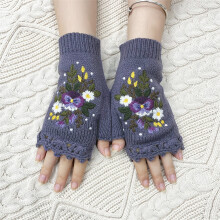 Håndbroderede fingerløse handsker til kvinder, strikket blomsterdesign, kompatibel med touchscreen