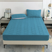 Drap-housse matelassé bleu en coton lavé, protège-matelas antidérapant 150 x 200 cm, jupe de lit, protège-matelas