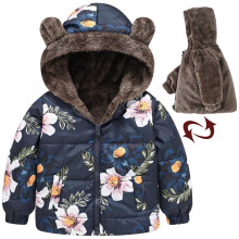 Shldybc Hooded Down Jacket for Toddlers, Flower Print Plush Winter Coat (Navy, 3-4Y) – Compatible with Kids