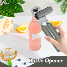 Smooth Edge Manual Can Opener, Heavy Duty Kitchen Tool with Ergonomic Handles & Bottle Opener – Gray, Compatible with Standard Cans