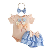 Conjunto de ropa para bebé niña: body de manga corta con estampado floral, falda escalonada con lazo y diadema. Conjunto suave de 3 piezas.