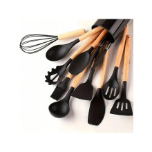 Non Stick Utensil Set 12pcs Silicone Kitchen Utensil Set Wooden Handles Safe Easy To Clean Perfect For Cooking And Baking 600G