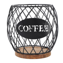 Iron Coffee Pod Organizer - Large Capacity, Easy-Access Basket with Wooden Base, Stylish Black Design for Home Coffee Bar