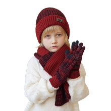 AWZXDE 4-10 Years Kids Winter Hat Scarf Gloves Set Outdoor Warm Thickened Lined Knit Wool Cap Warm Set for Children Cold Weather Red