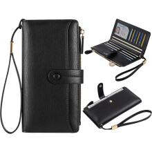 Womens Wallet, Large Capacity Card Holder Wallet RFID Blocking Leather Wallet Bifold Ladies Clutch Wristlet Long Purse with Zipper Pocket (Black)