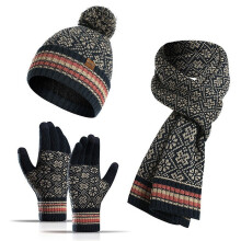 Women's Pom Pom Beanie Set with Fleece-Lined Hat, Knit Scarf & Gloves – Navy 3-Piece Ski Accessories Gift Set