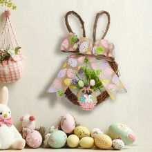 Couronne de Pâques décorative, 34 cm, à suspendre à la porte, motif lapin de Pâques et vigne (Q)