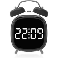 Loud Twin Bell Alarm Clock with 3 Brightness Levels, Battery Operated Digital Clock – Black, Compatible with Living Room, Bedroom, Study