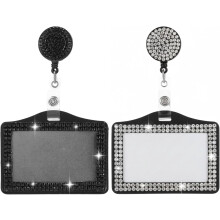 Rhinestone Horizontal Badge Holder, 2Pcs Retractable ID Card Holders with Pink & Black Bling, Clip-on for Office/School – Compatible with Standard