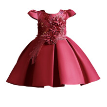 Girls' deep red princess gown sleeveless floral embroidered