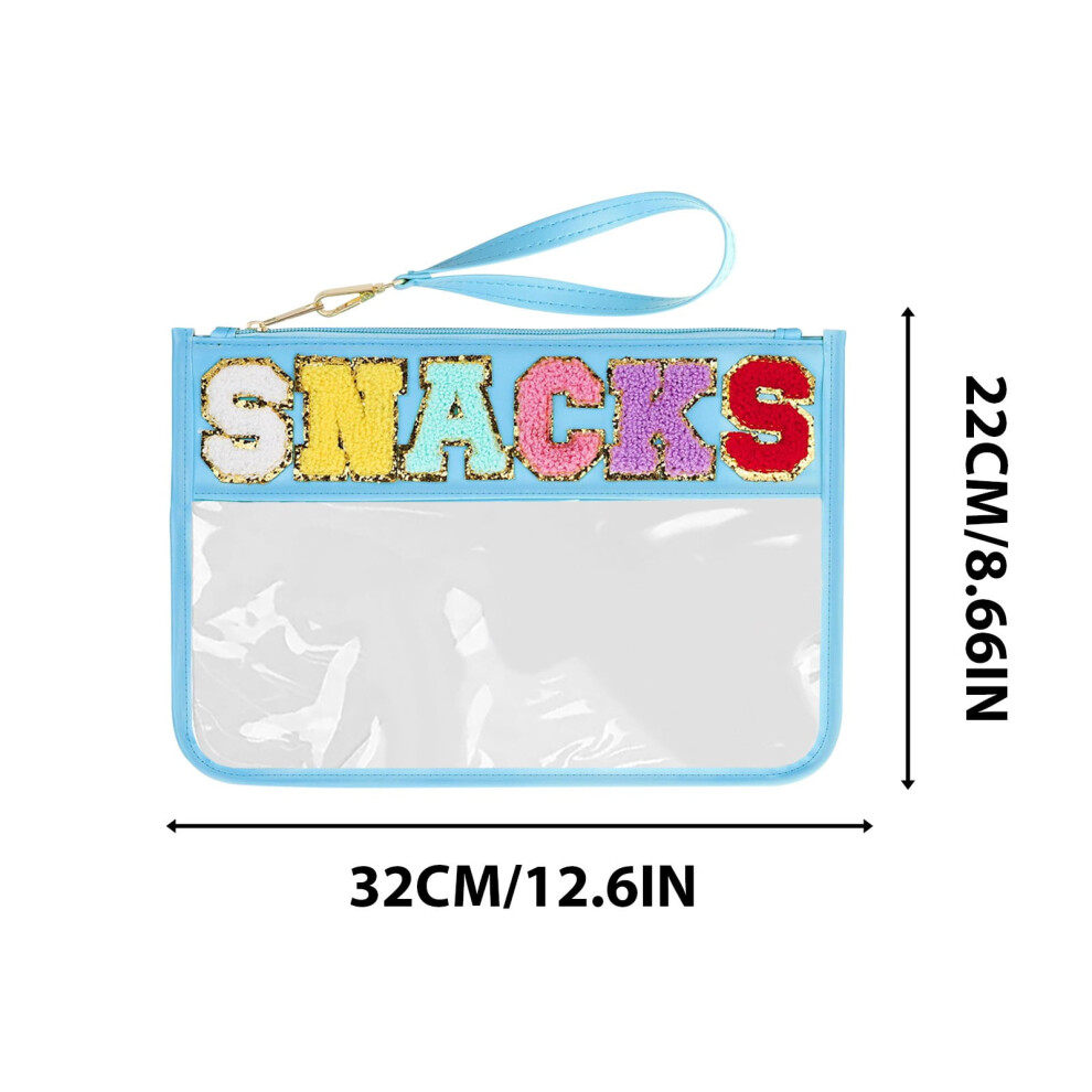 Snack Bag for Travel - Clear Chenille Varsity Letter Flat Pouch with Zipper, Waterproof Clear Nylon Patch Makeup Cosmetic tote Bags for Women Teen