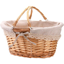 Wicker Picnic Basket – Woven Easter Gift Basket with Double Folding Handles, Linen Lining for Candy, Eggs, Toys, Wedding – Compatible with Willow