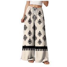 Damen-Kleiderhose, Petite, hochgeschnitten, weites Bein, Sommer-Strandhose, Boho-Freizeithose, lässige Palazzo-Hose, Beige, Größe M