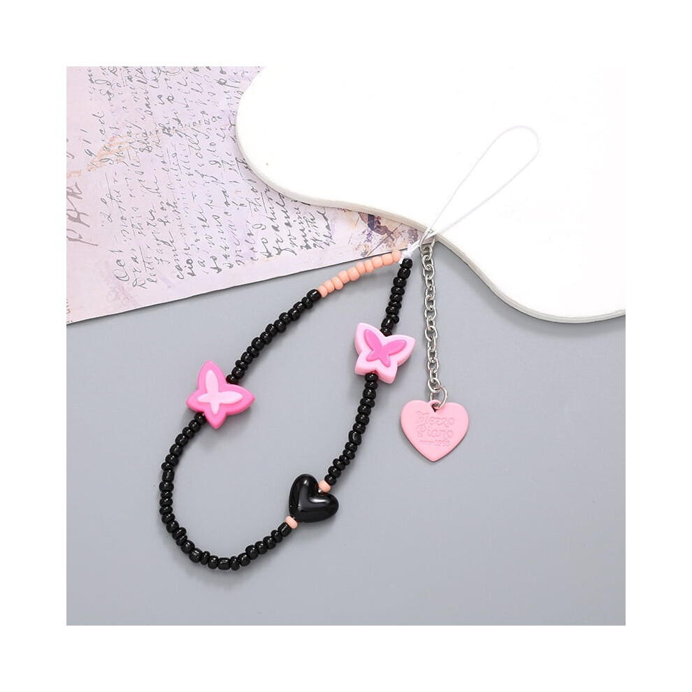 2 Pcs Beaded Phone Lanyard Wrist Strap, Anti-Lost Aesthetic Chain With Butterfly Charm Â Compatible With All Phones Black/Pink 9448990659845