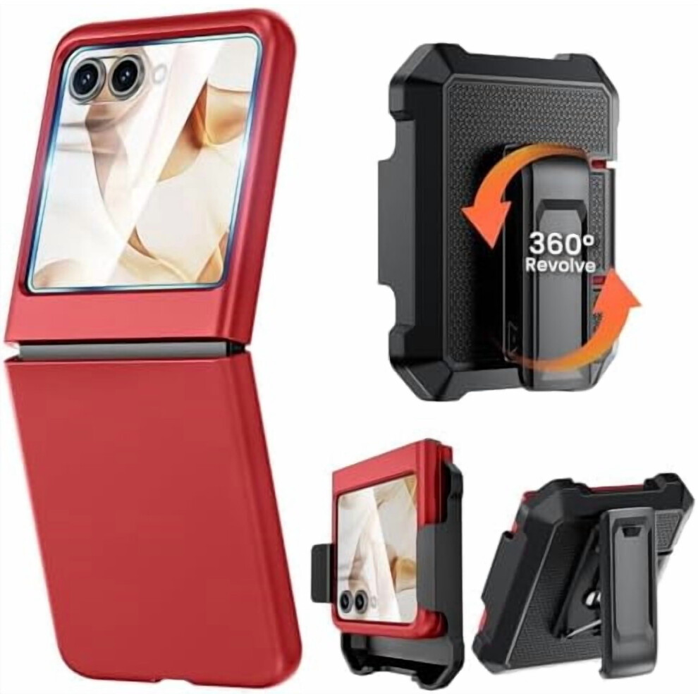Case For Motorola Razr 2024 With Screen Protector, Slim Flip Phone Cover And Belt Hip Holster Combo Accessories - Red 9448990663330