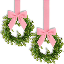 Guirlandas Artificiais de Buxo de 25 cm com Laços de Veludo Rosa – Decoração de Natal para Armário, Lareira, Parede, Janela e Porta –
