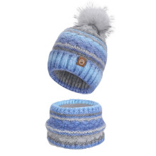 Striped Knit Beanie & Neck Warmer Set with Pom Pom Winter Warm Cozy Daily Headwear Blue