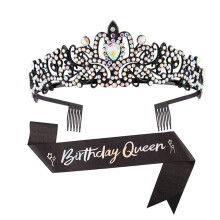 Crystal Rhinestone Tiara Headband and Sash Set Women's