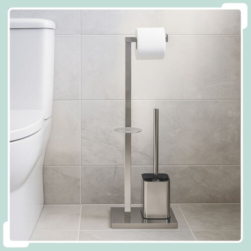 Metal Toilet Roll Holder with Brush and Storage
