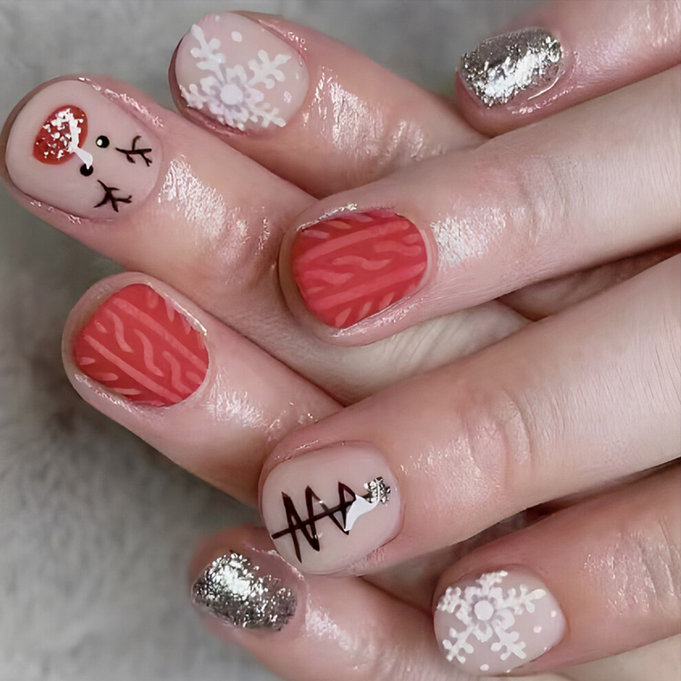 24 Pcs Snowflakes on Nails Snowmen Artificial Nails False Nails Short Square for Women Girls