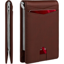 Portafoglio sottile con clip da uomo, porta carte con blocco 8, minimalista, piccolo e sottile, in pelle, a due ante, da tasca anteriore (rosso