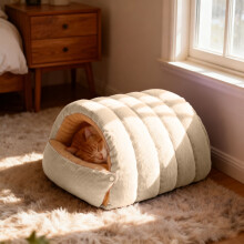 Varm katteseng i hulestil, delvis lukket plysjrede for angstlindring – avtakbar pute, beige (M: 35x19x30cm)