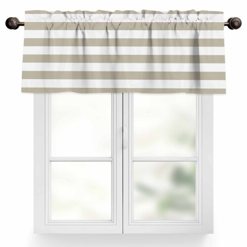 Cortina de varão listrada em bege e branco, 42x12 polegadas, com bolso para varão, filtra a luz – compatível com varões padrão.
