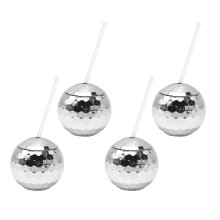 Conjunto de 4 Taças de Vinho Prateadas Disco com Canudos - 21,5 x 6,5 x 5,2 cm para Festas e Coquetéis